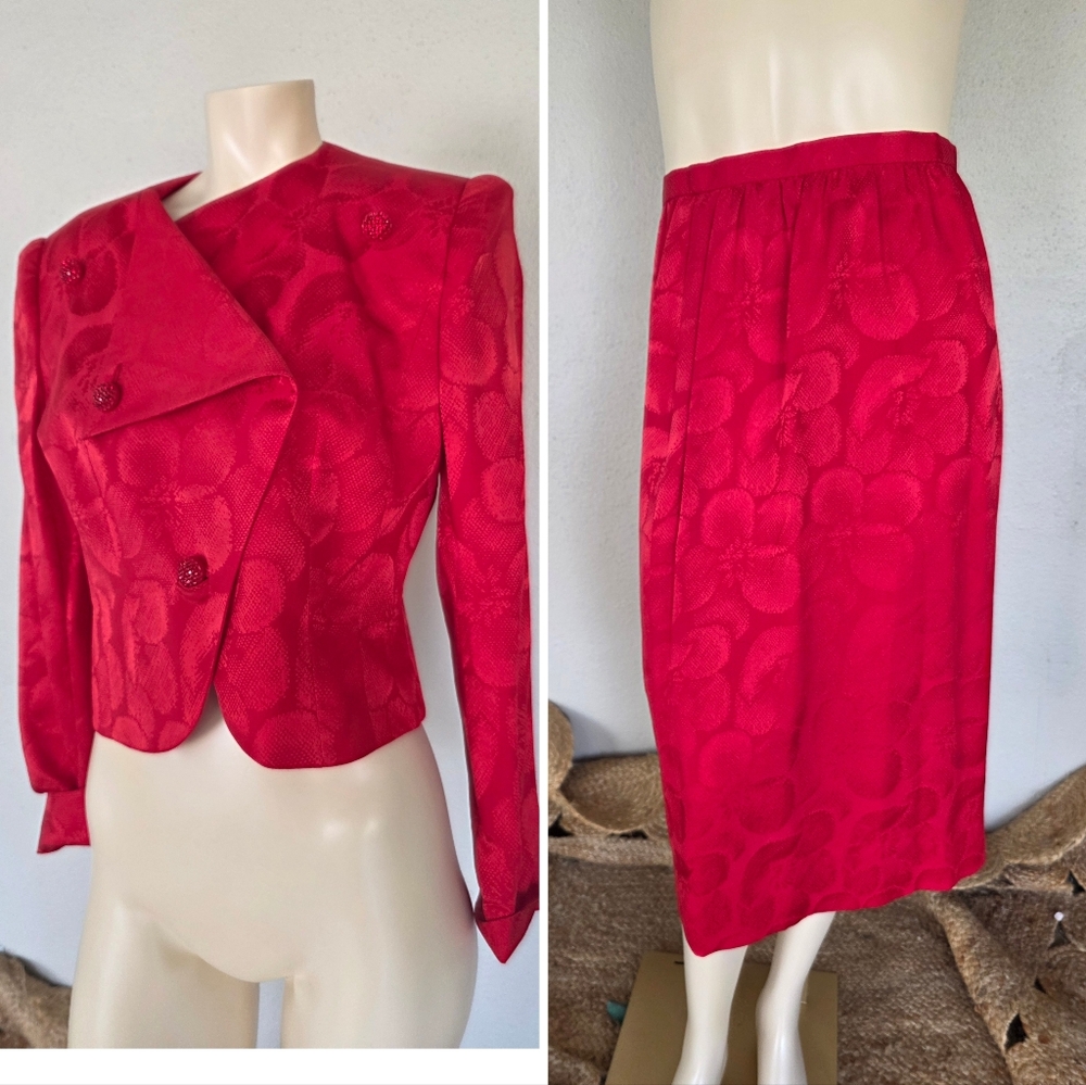 David Hayes for Neiman Marcus Vintage Silk Jacquard Suit Set | Red Floral | 90s